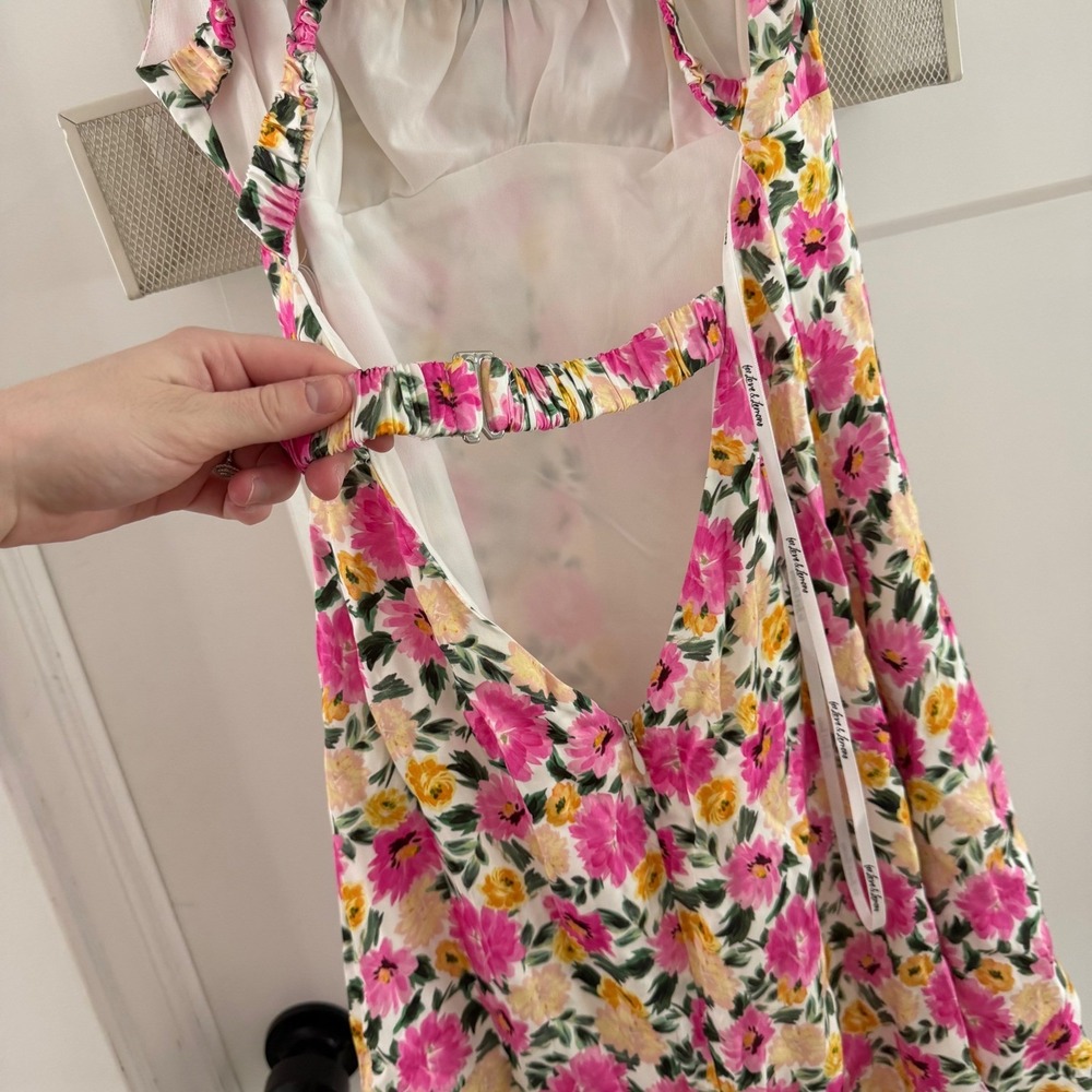 For Love & Lemons June Mini‎ Sun Dress Floral Pink Yellow Open Back Size Large - Picture 5 of 9